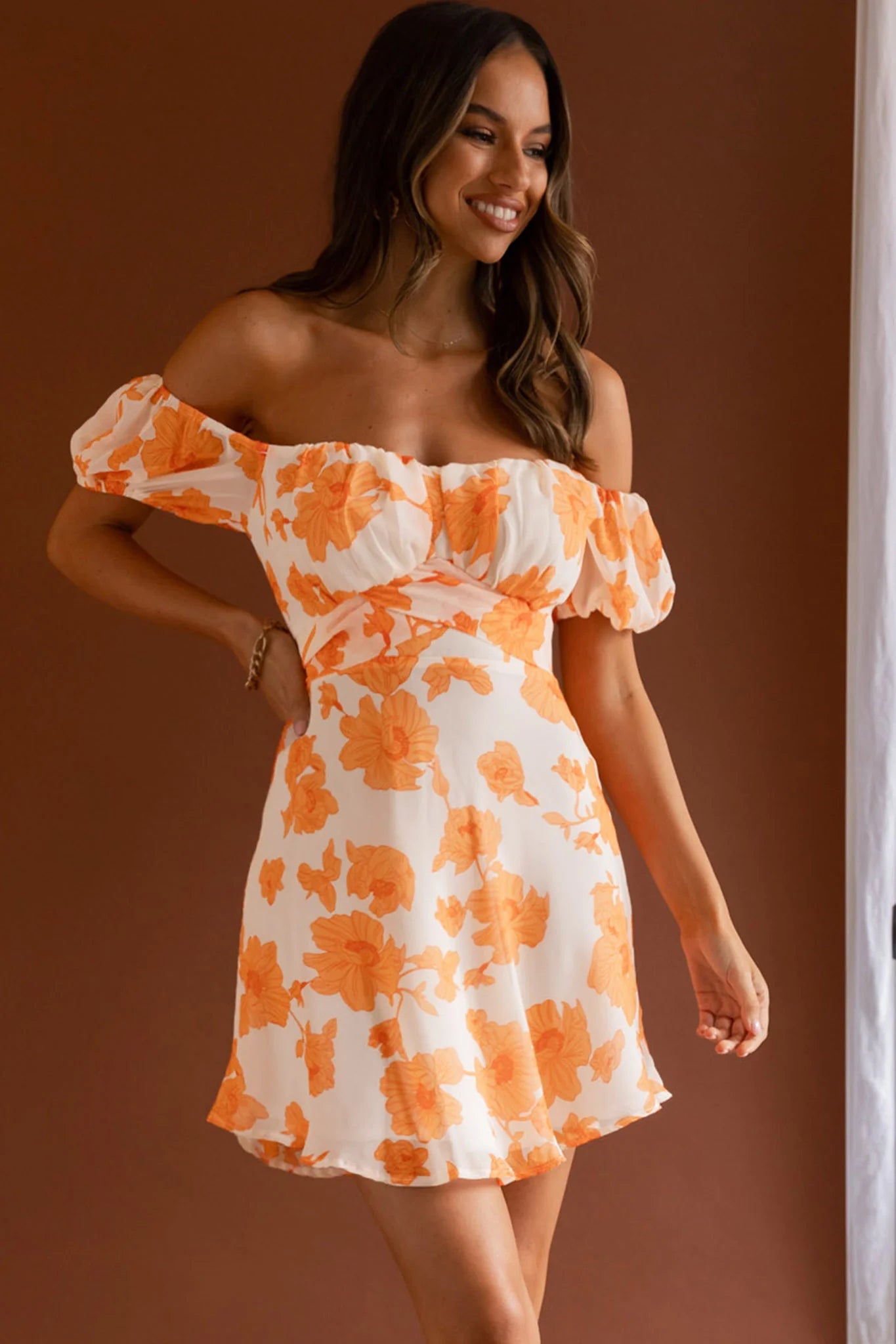 Linka Puff Sleeve Waist Tie Dress Floral Orange