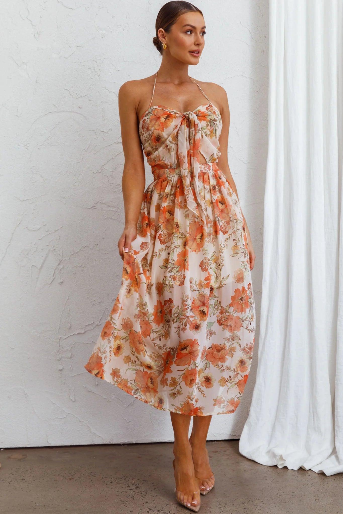 Los Feliz Tied Bust Halterneck Midi Dress Floral Beige