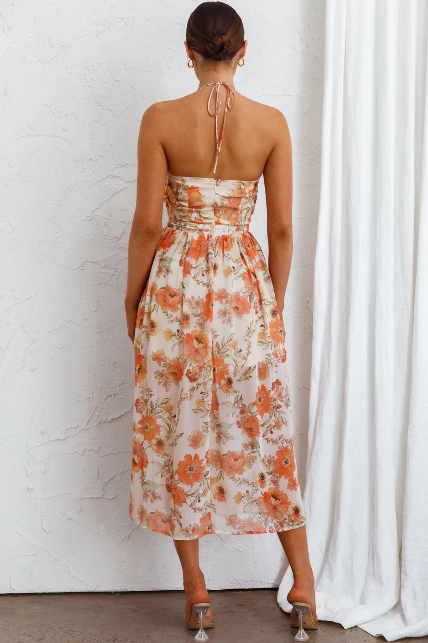 Los Feliz Tied Bust Halterneck Midi Dress Floral Beige