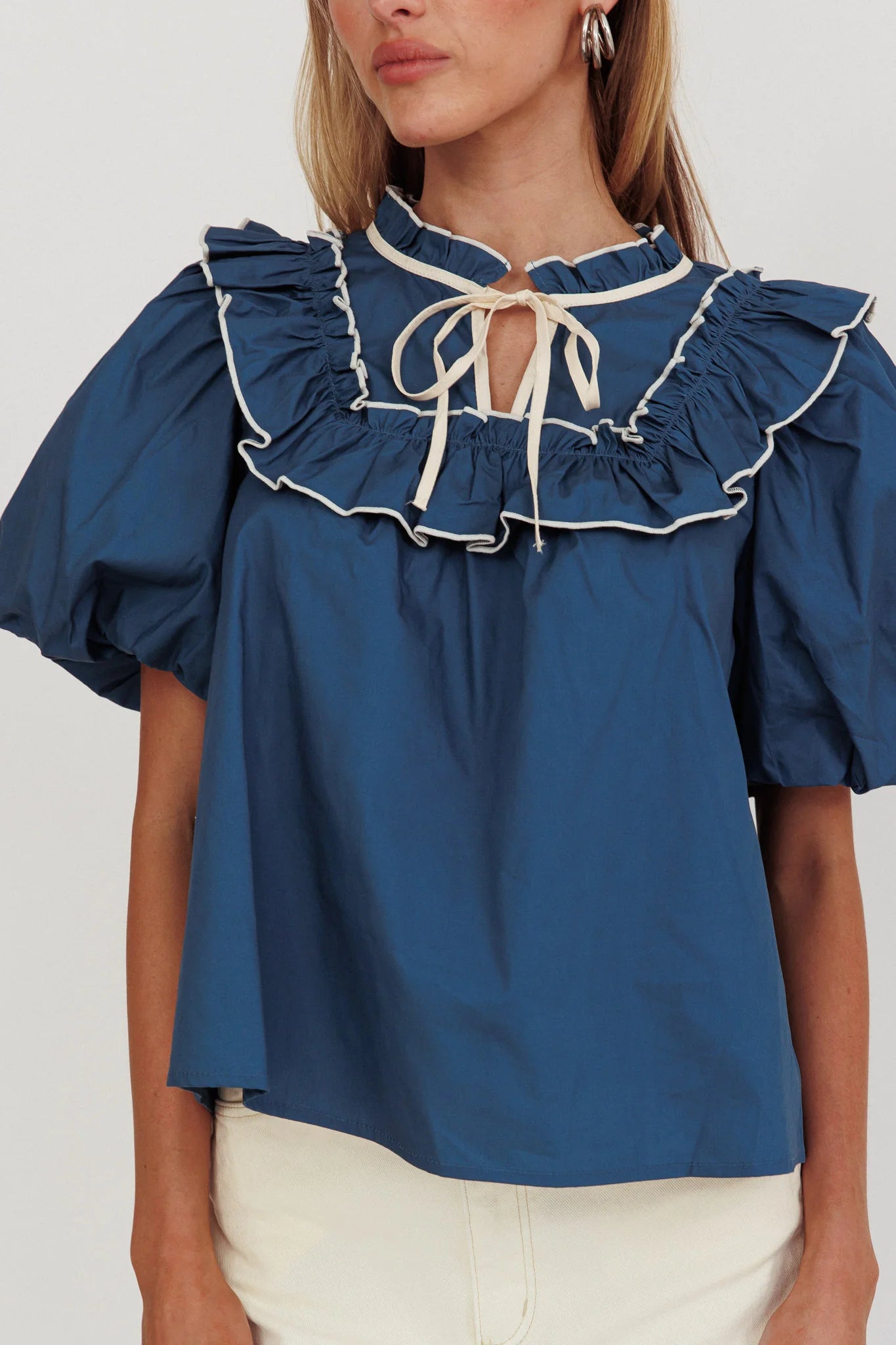 Remarkable Puff Sleeve Tied Neck Top Teal