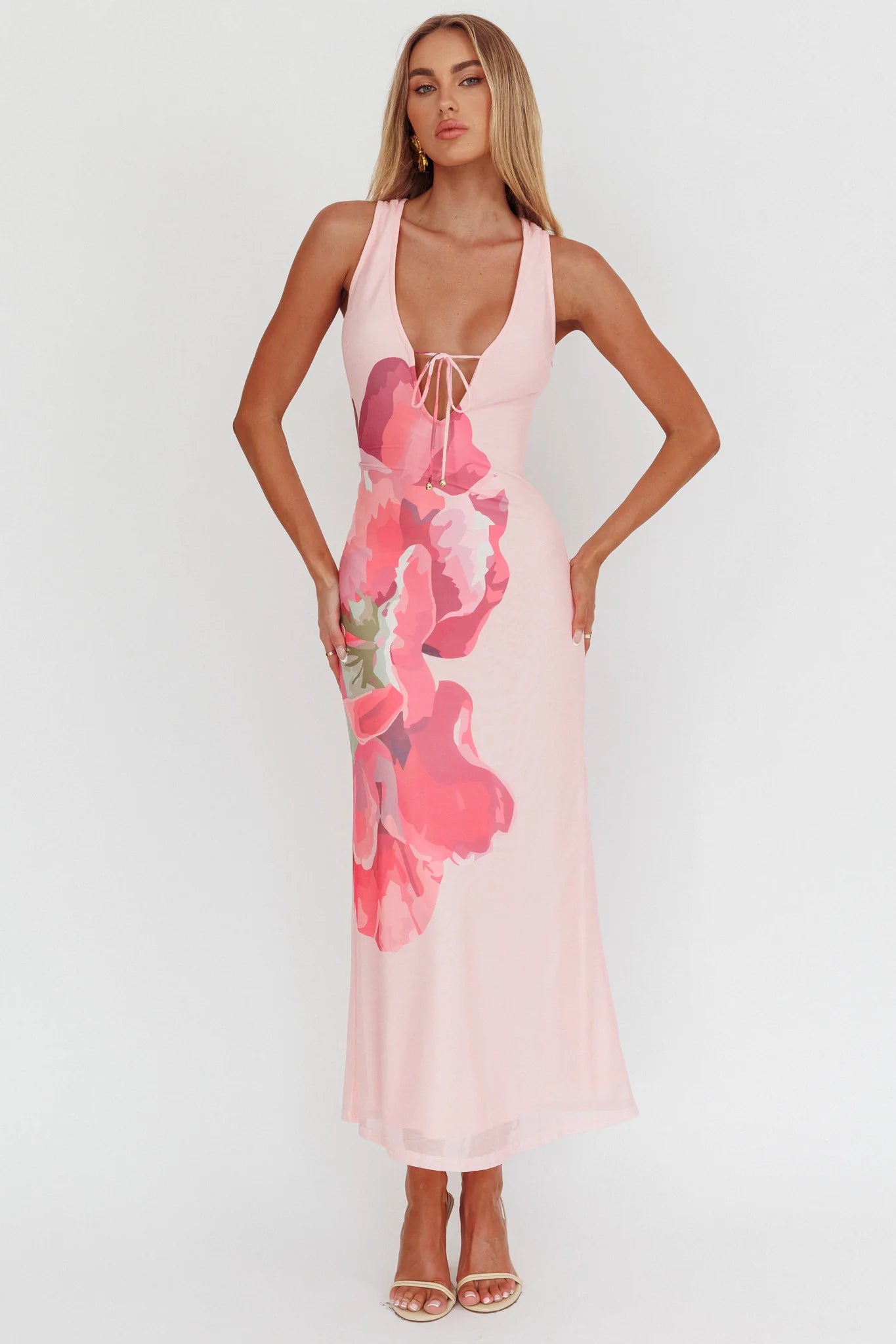 Cinders Tied Plunging Neckline Maxi Dress Flower Pink