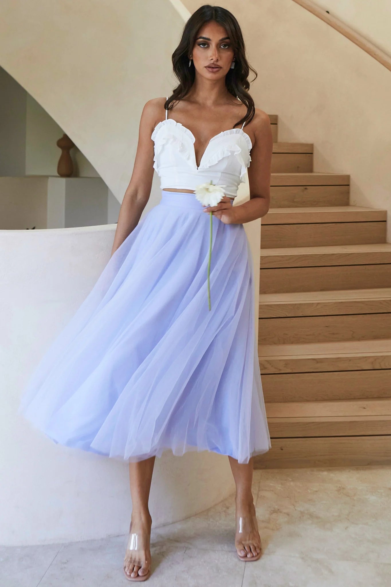 La Seine V-Neckline Frill Trim Crop Top White