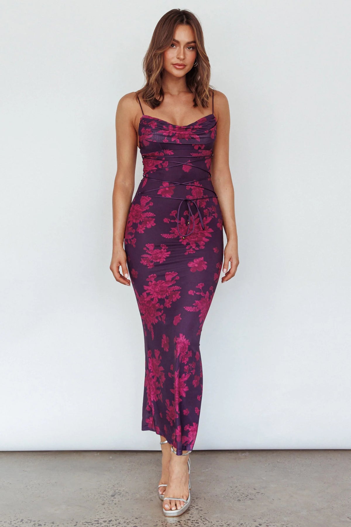 Teava Laced Waist Maxi Dress Floral Grape