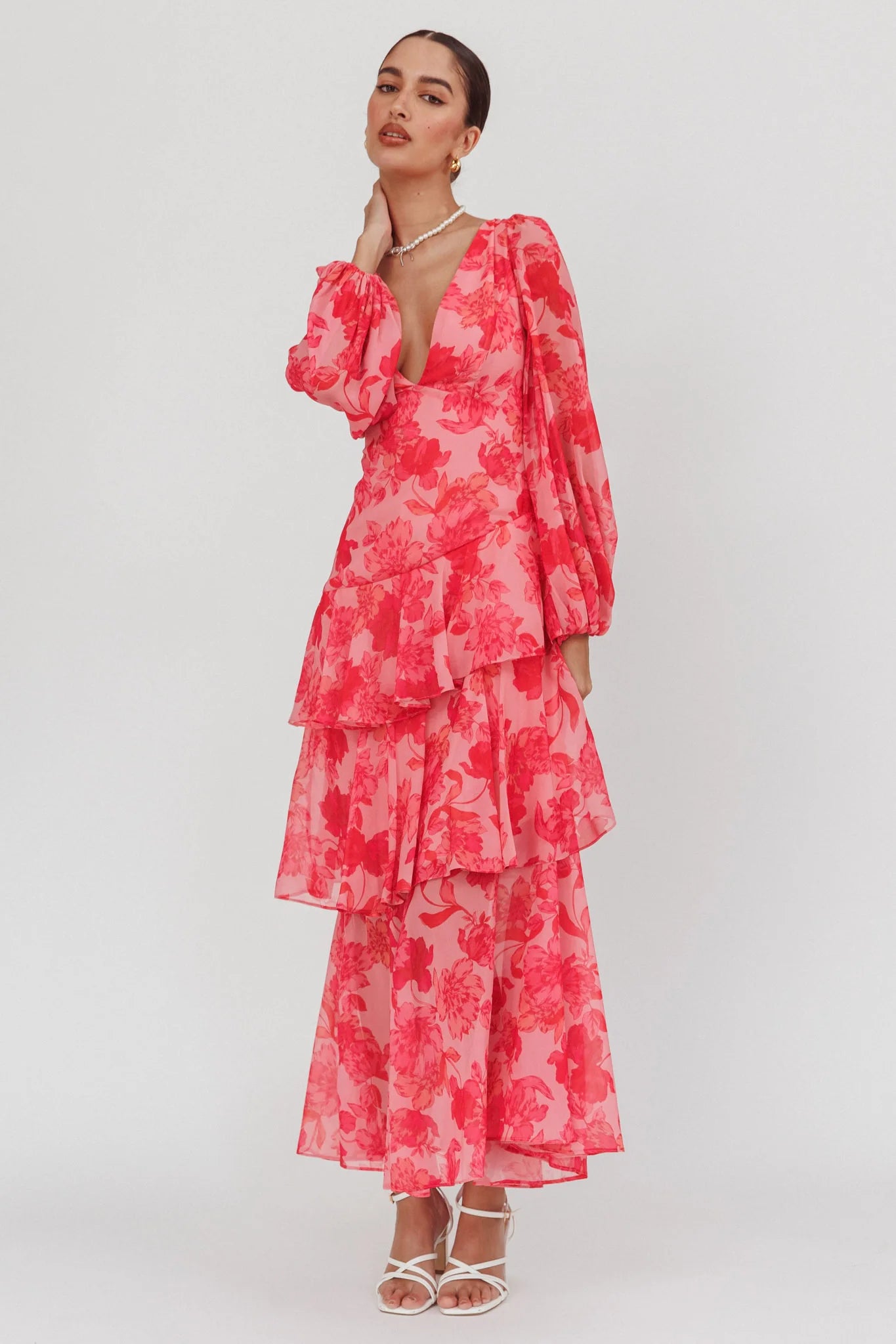 Veda Long Sleeve Floral Tiered Ruffle Maxi Dress Pink
