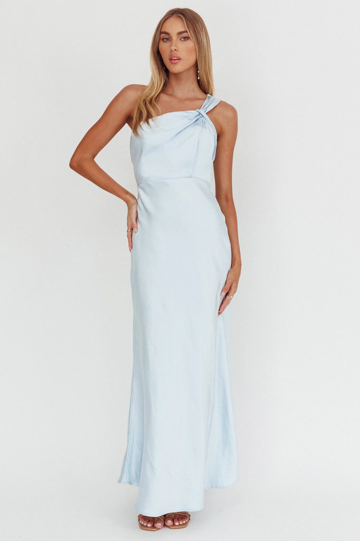 Fly Love Satin One Shoulder Maxi Dress Sky Blue