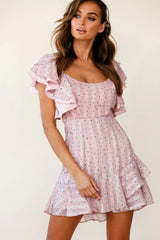 All Or Nothing Flounce Sleeve Lace-Up Back Dress Speckle Print Pink