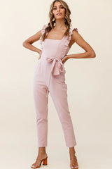 All For Love Square Neckline Ruffle Strap Jumpsuit Blush