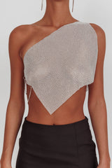 Sun Dial One Shoulder Diamante Top Silver