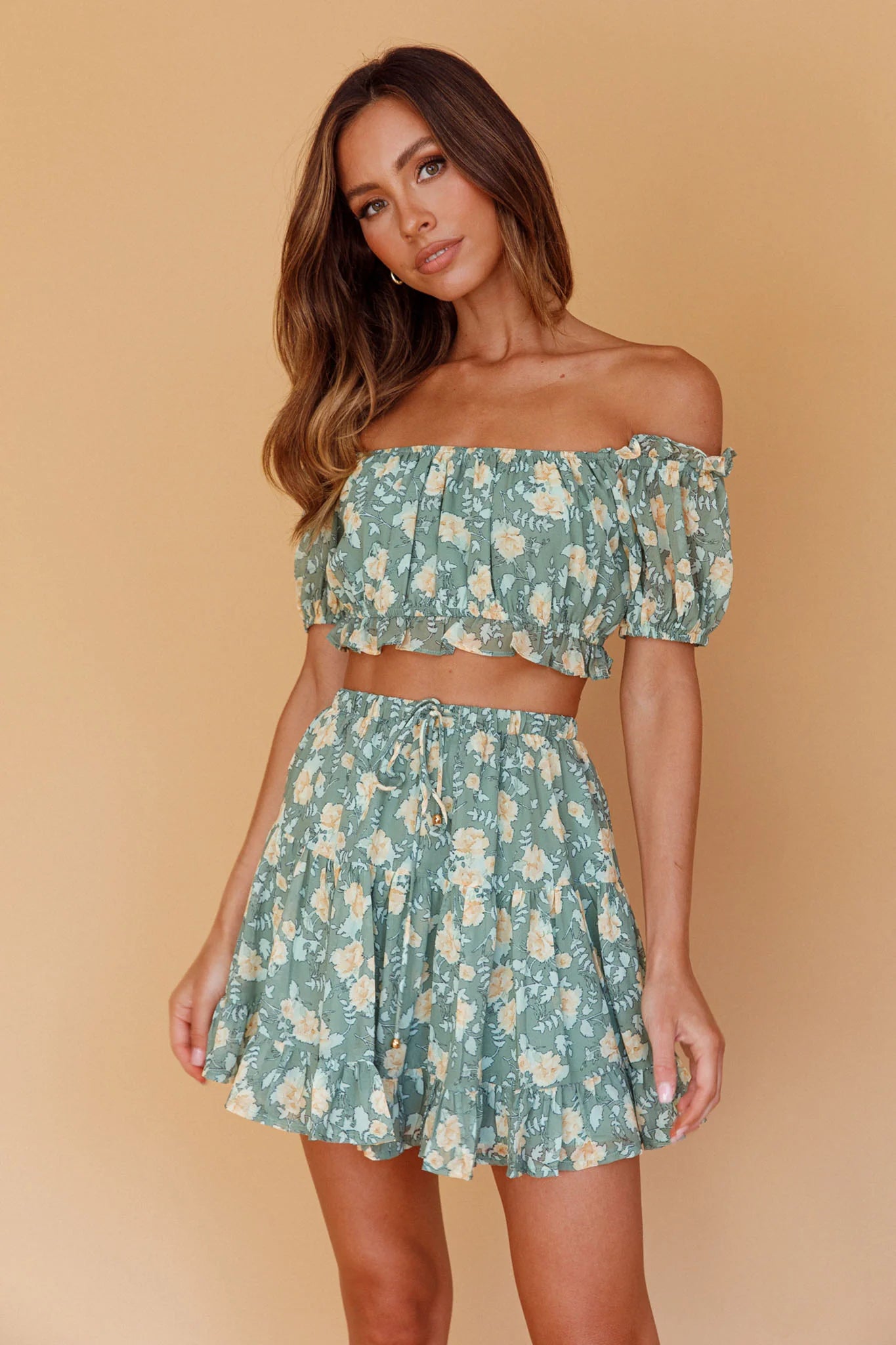 Archana Puff Sleeve Crop Top Floral Green