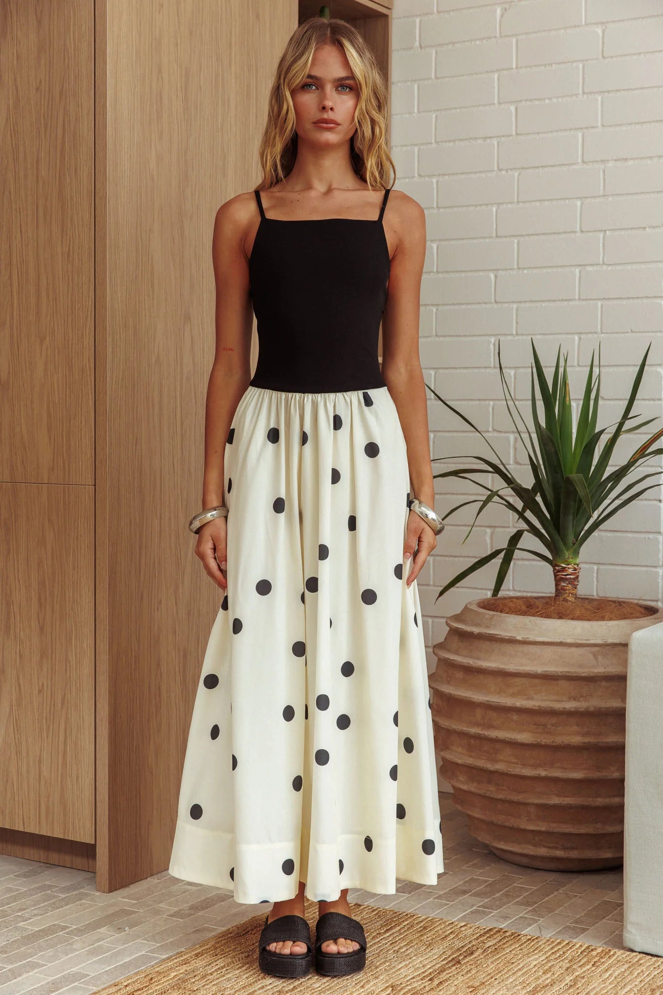 Melbourne Contrast Bodice Maxi Dress Polka Dot Black