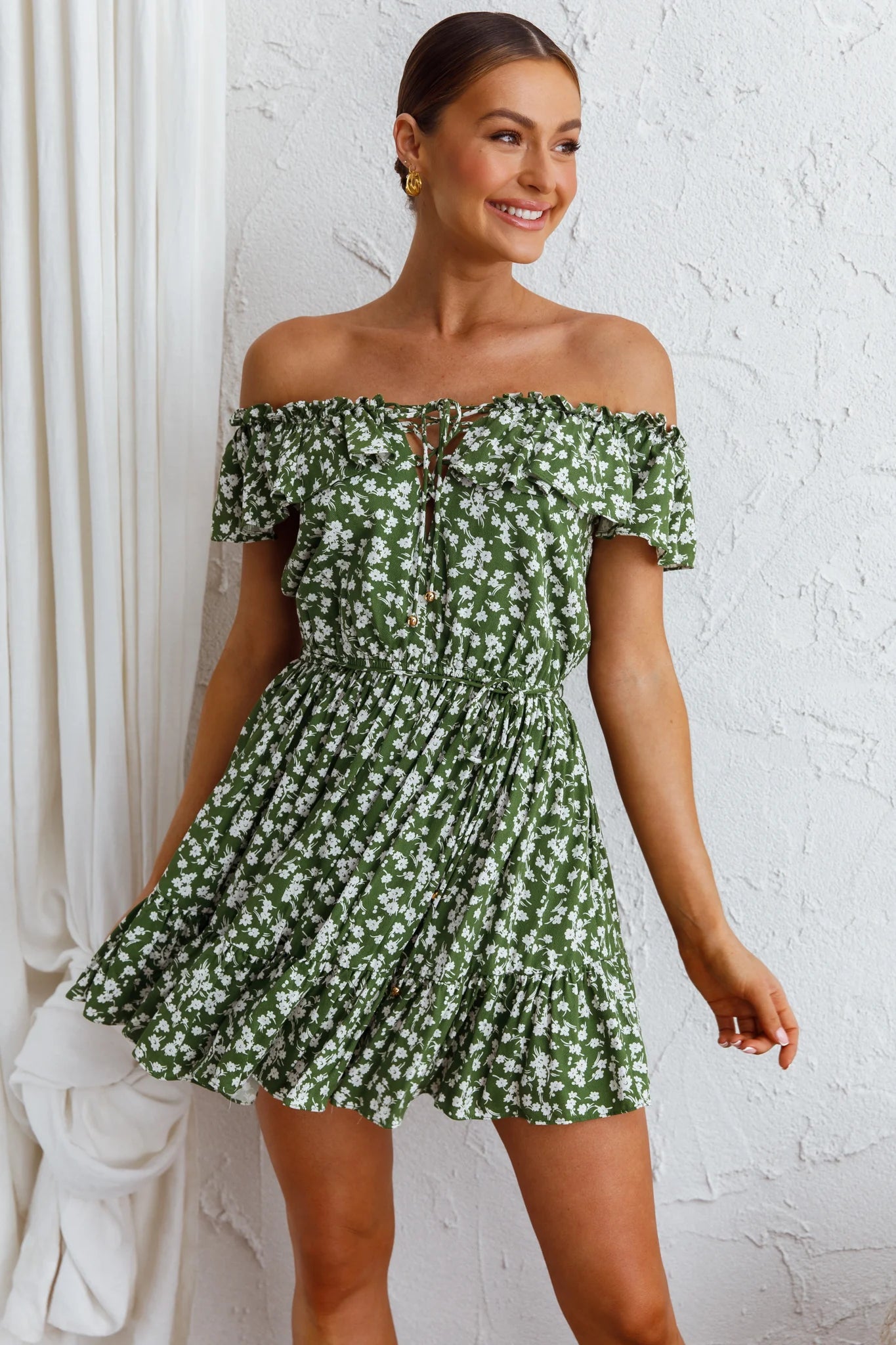 Andie Off-Shoulder Frill Dress Floral Green