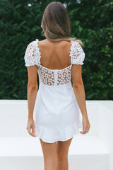 Field Dreams Puff Sleeve Tie-Up Bodice Floral Embroidery Mini Dress White