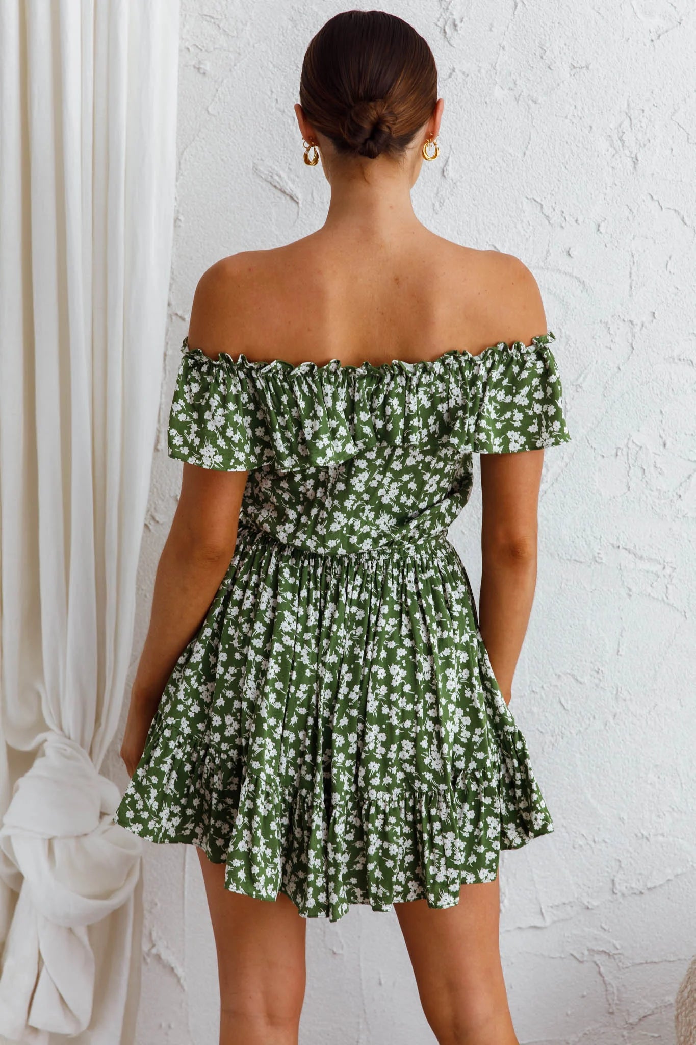 Andie Off-Shoulder Frill Dress Floral Green