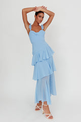 Veda Ruffle Strap Split Maxi Dress Blue
