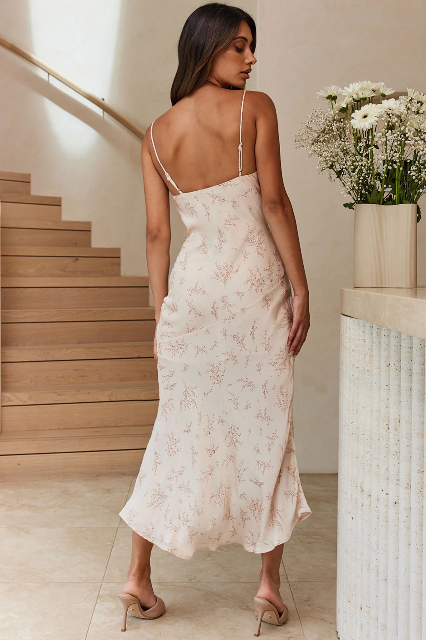 Well Versed Pleated Bust Front Split Dress Spring Print Champagne