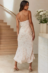 Well Versed Pleated Bust Front Split Dress Spring Print Champagne