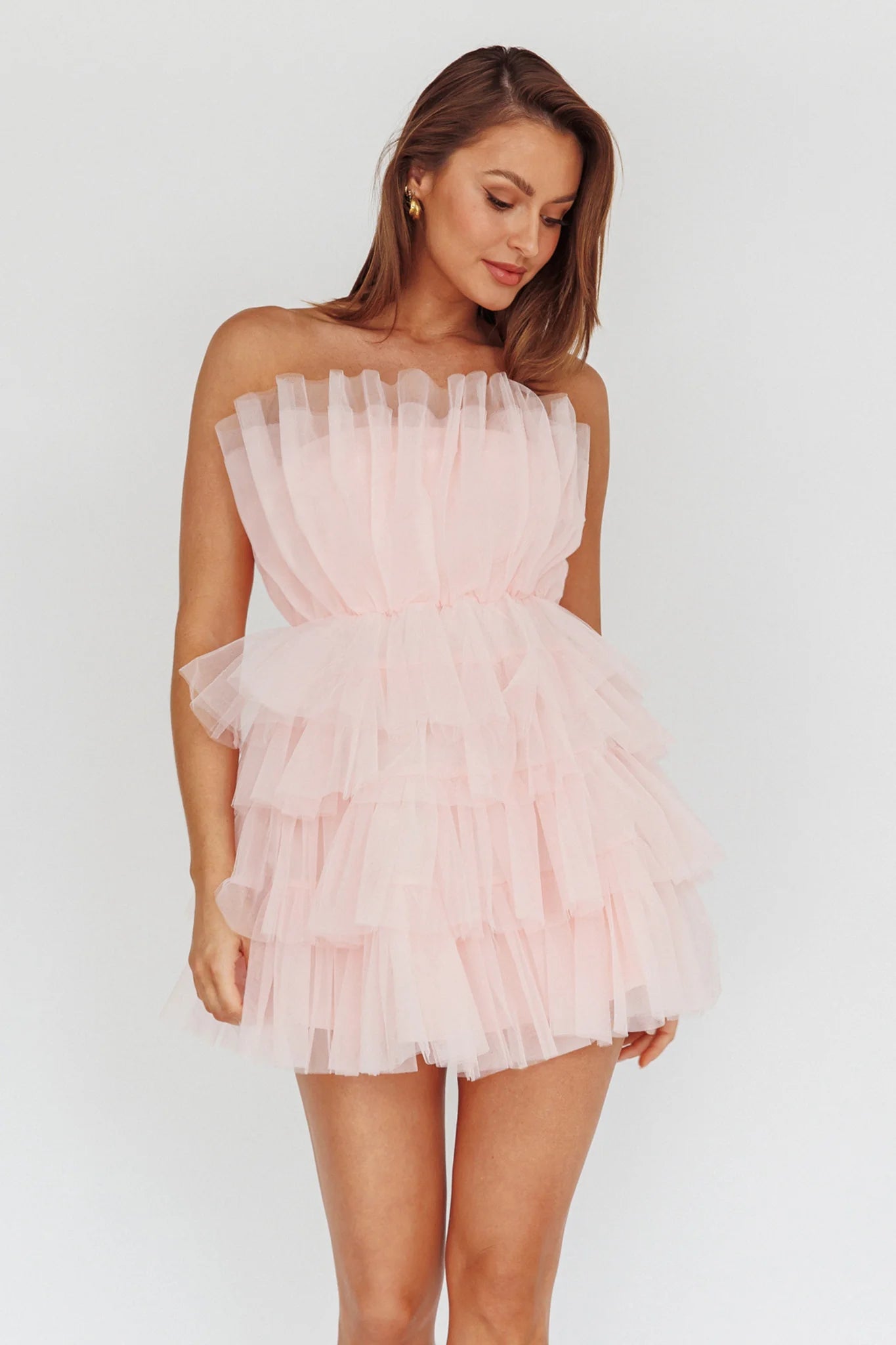 Bon Bon Tiered Mesh Mini Dress Blush
