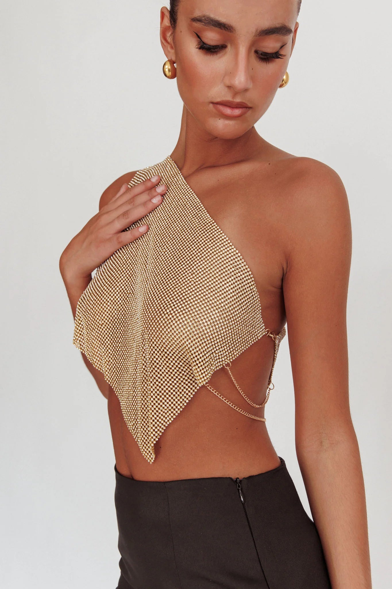 Sun Dial One Shoulder Diamante Top Gold