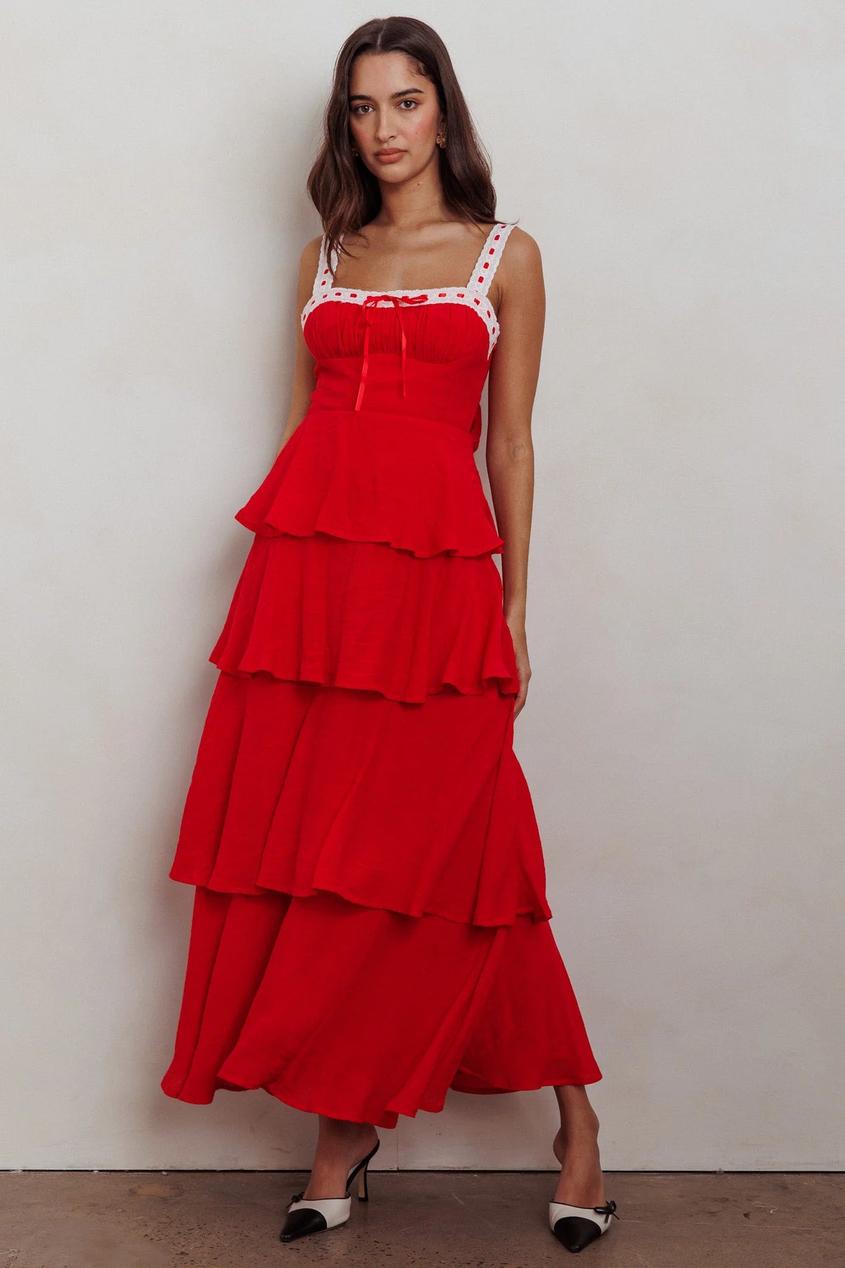Provence Bloom Tiered Ruffle Maxi Dress Red