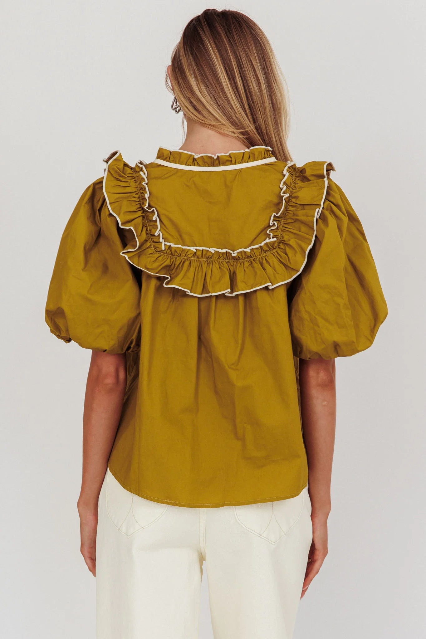 Remarkable Puff Sleeve Tied Neck Top Olive