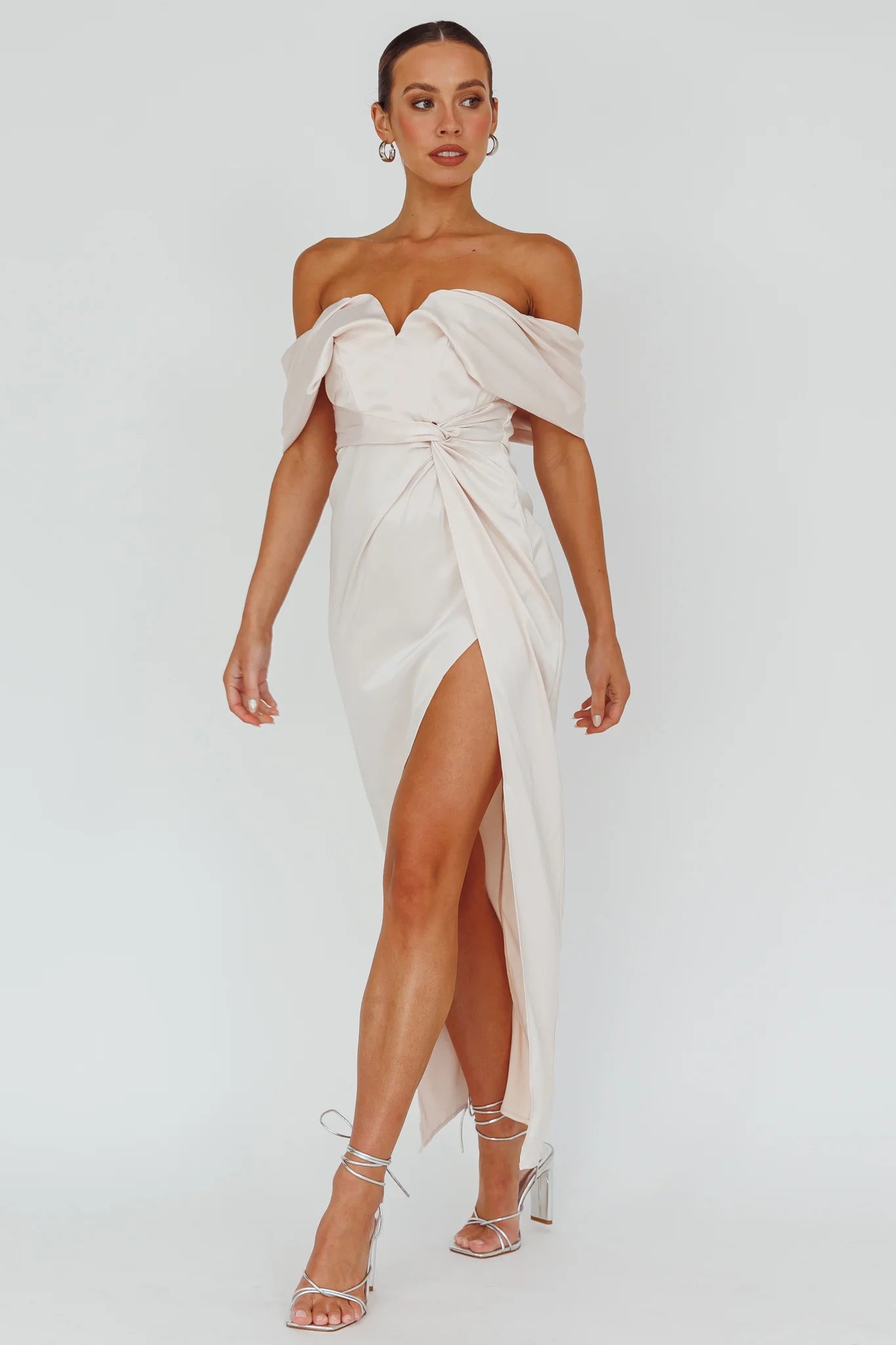 Amaryllis Off-Shoulder Twist Maxi Dress Pearl