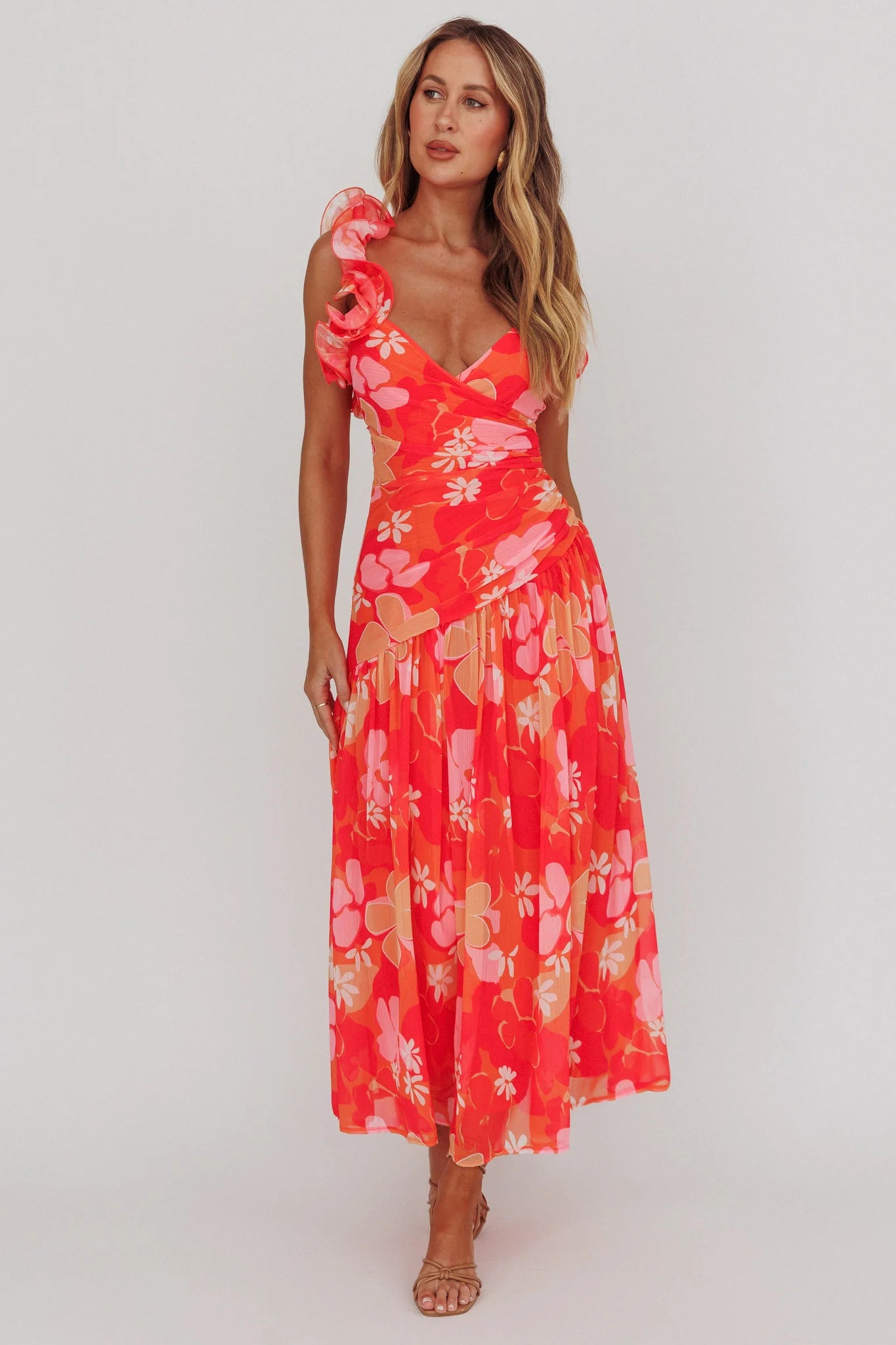 Kinley Ruffle Strap Maxi Dress Floral Orange