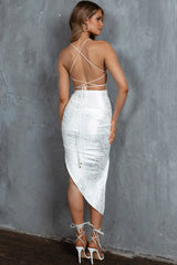 Annya Lace-Up Back Midi Dress Jacquard White