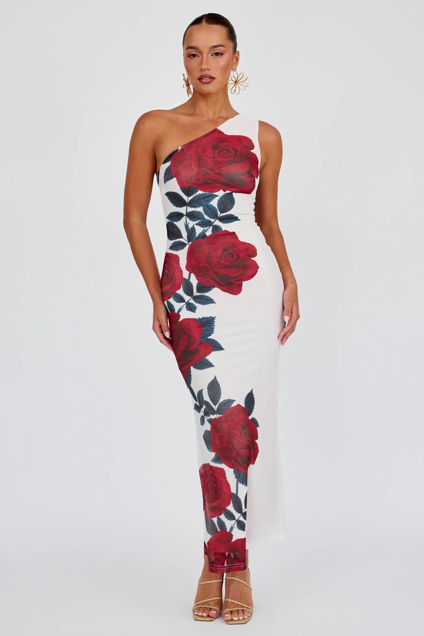 Desiree One Shoulder Mesh Maxi Dres Rose