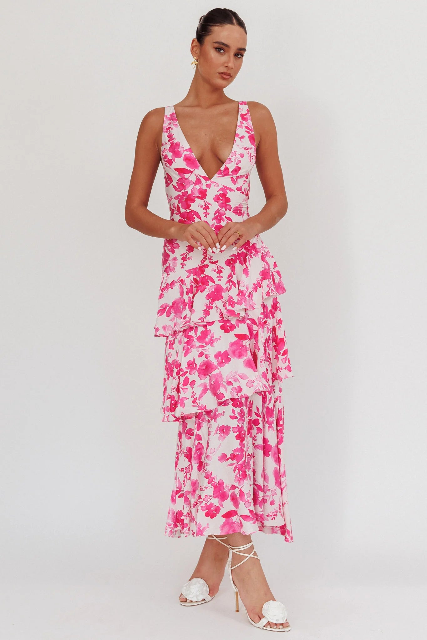 Veda Strappy Back Ruffle Maxi Dress Floral Fuchsia