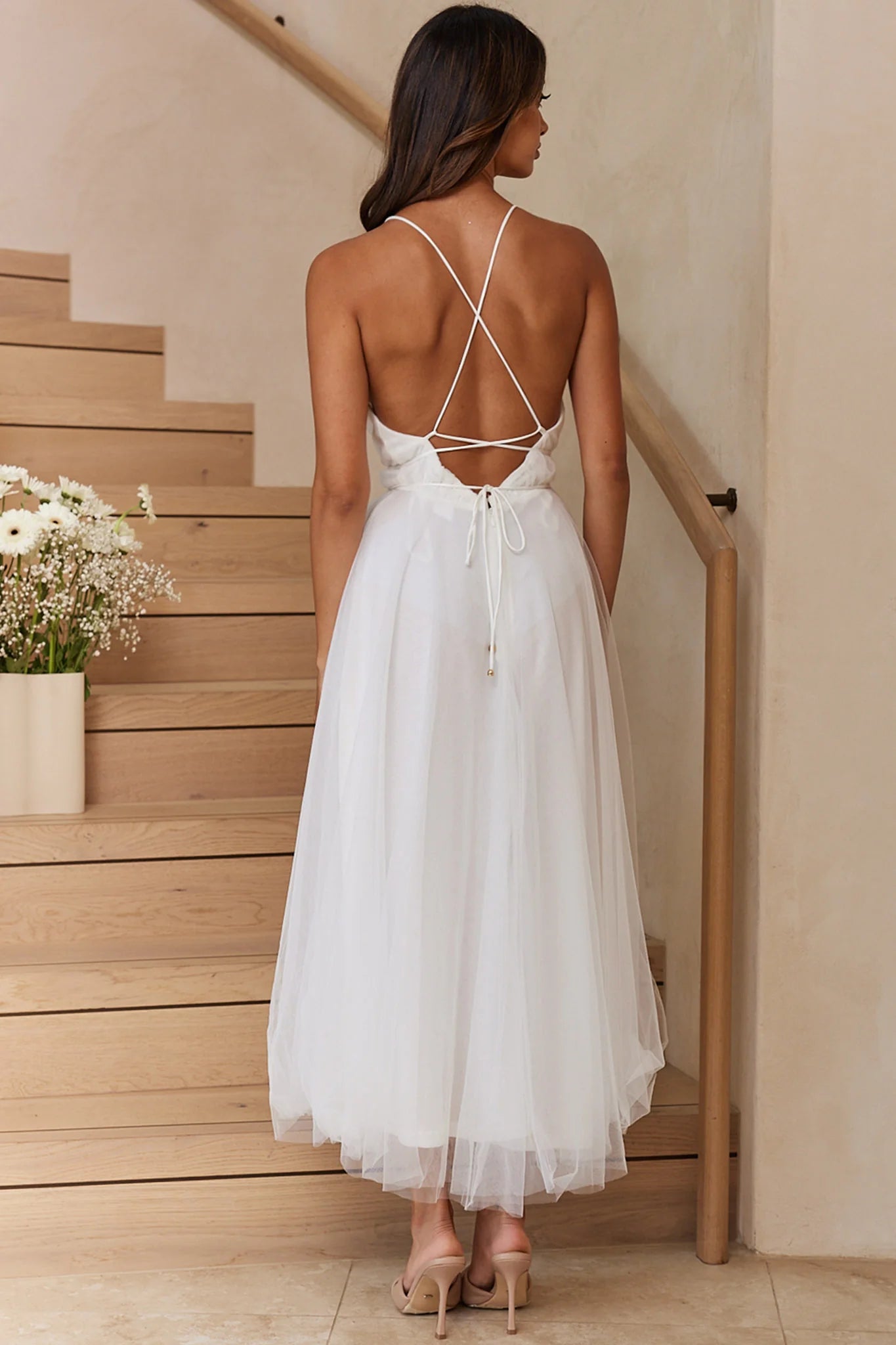 Floating By Plunging Neckline Mesh Overlay Midi Dress White