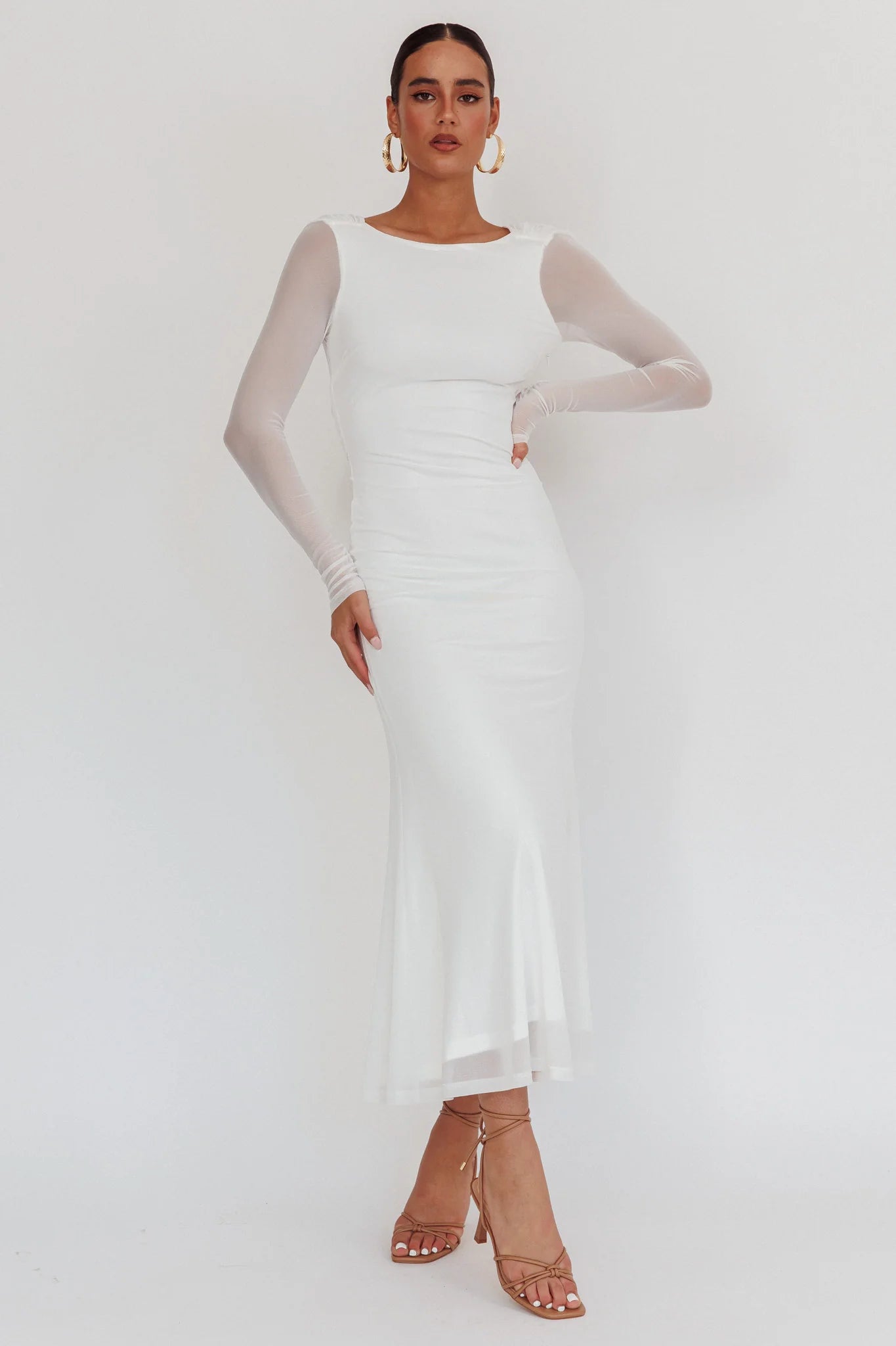 Lustre Open Back Mesh Maxi Dress White
