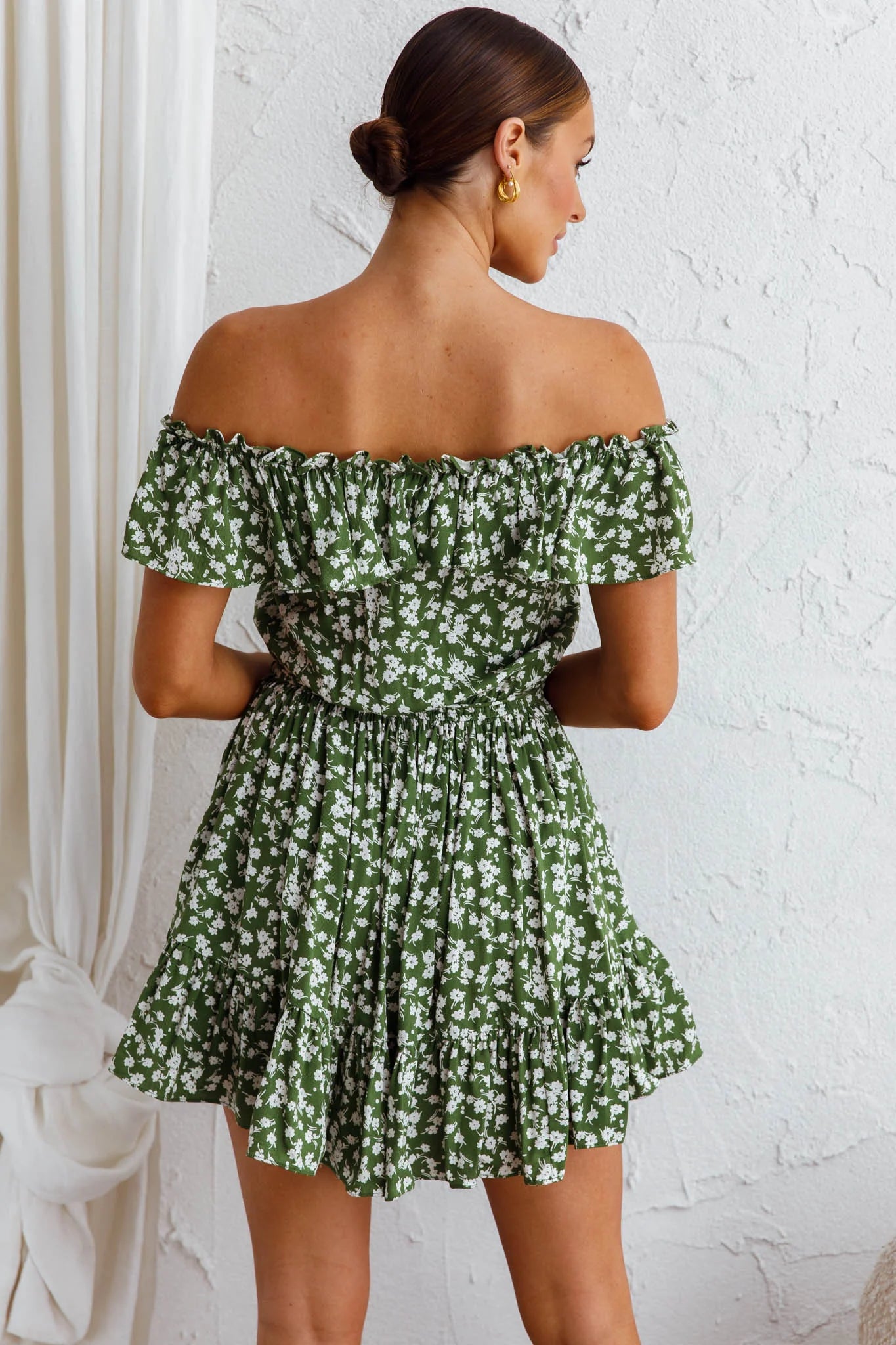 Andie Off-Shoulder Frill Dress Floral Green