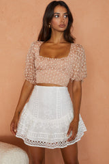 Petite Cherie Puff Sleeve Lace-Up Back Crop Top Floral Embroidered Mocha