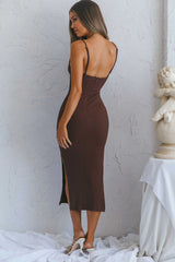 Frieda Cowl Neck Side Split Ribbed Midi Dress Desert Chocolate