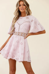 Anais Fluted Sleeve Exposed Back Broderie Anglaise Dress Blush