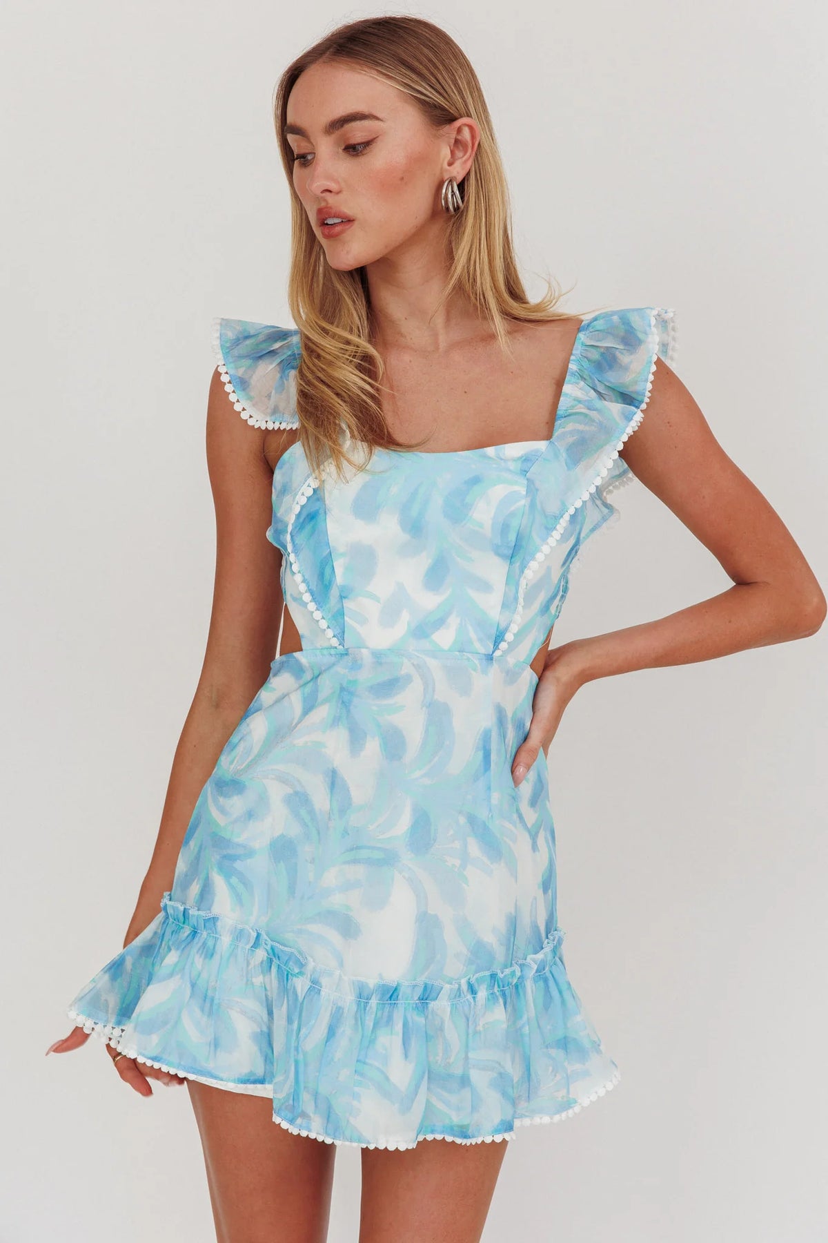 Porcia Tied Back Frill Dress Leaves Blues