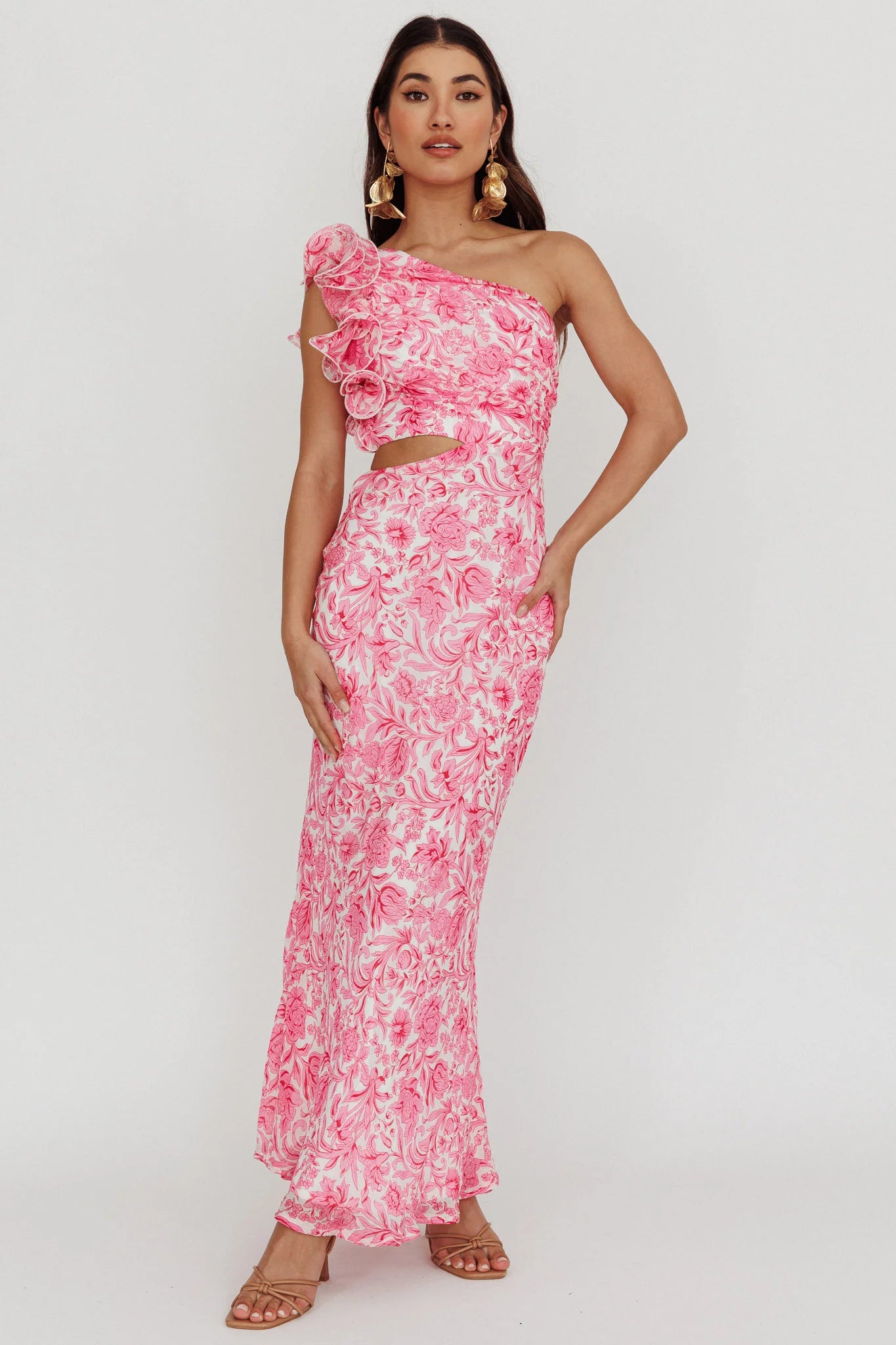 Deanna One-Shoulder Ruffle Midi Dress Floral Pink