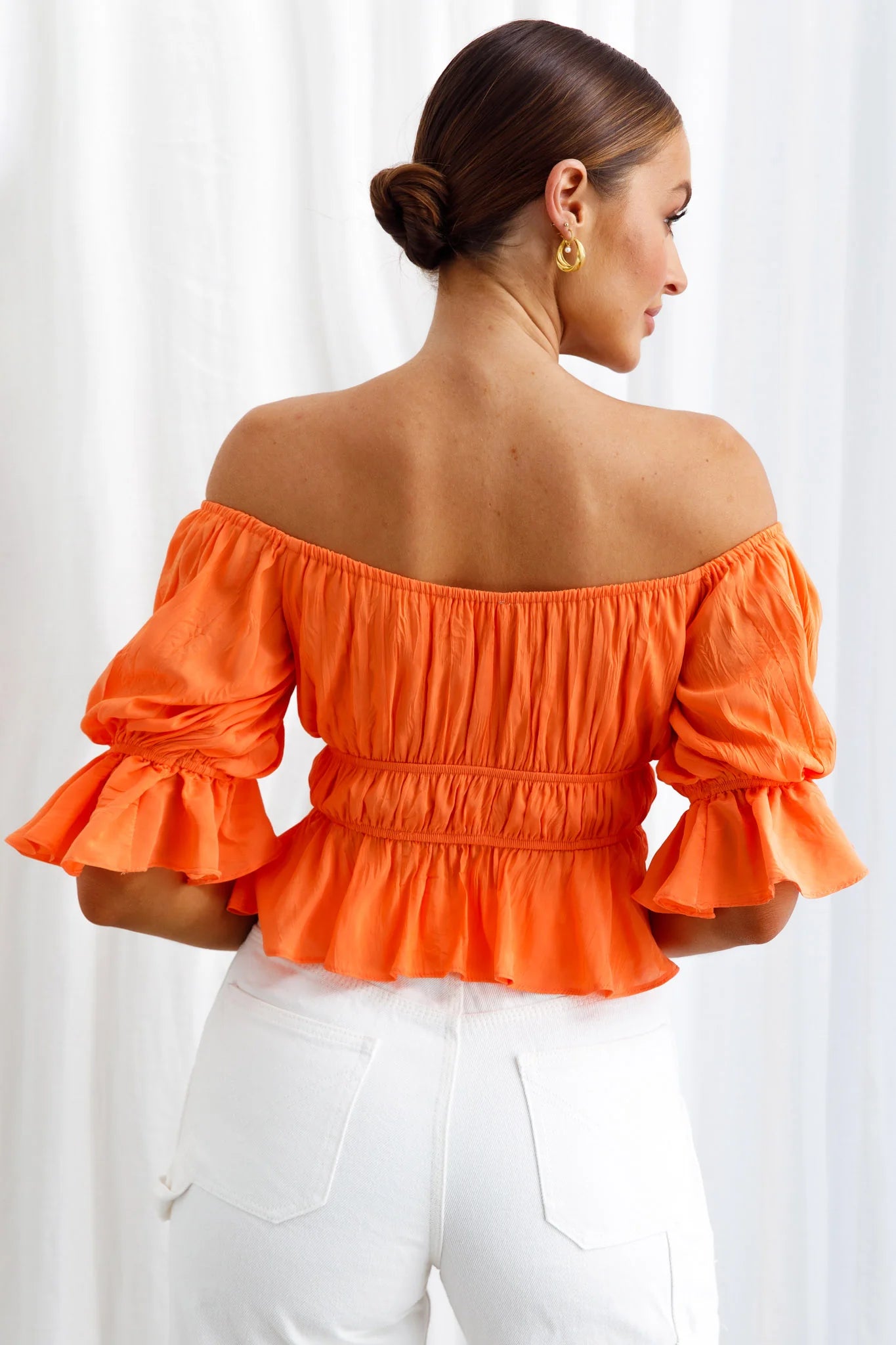 Josephina Off-Shoulder Lace-Up Front Crop Top Neon Orange