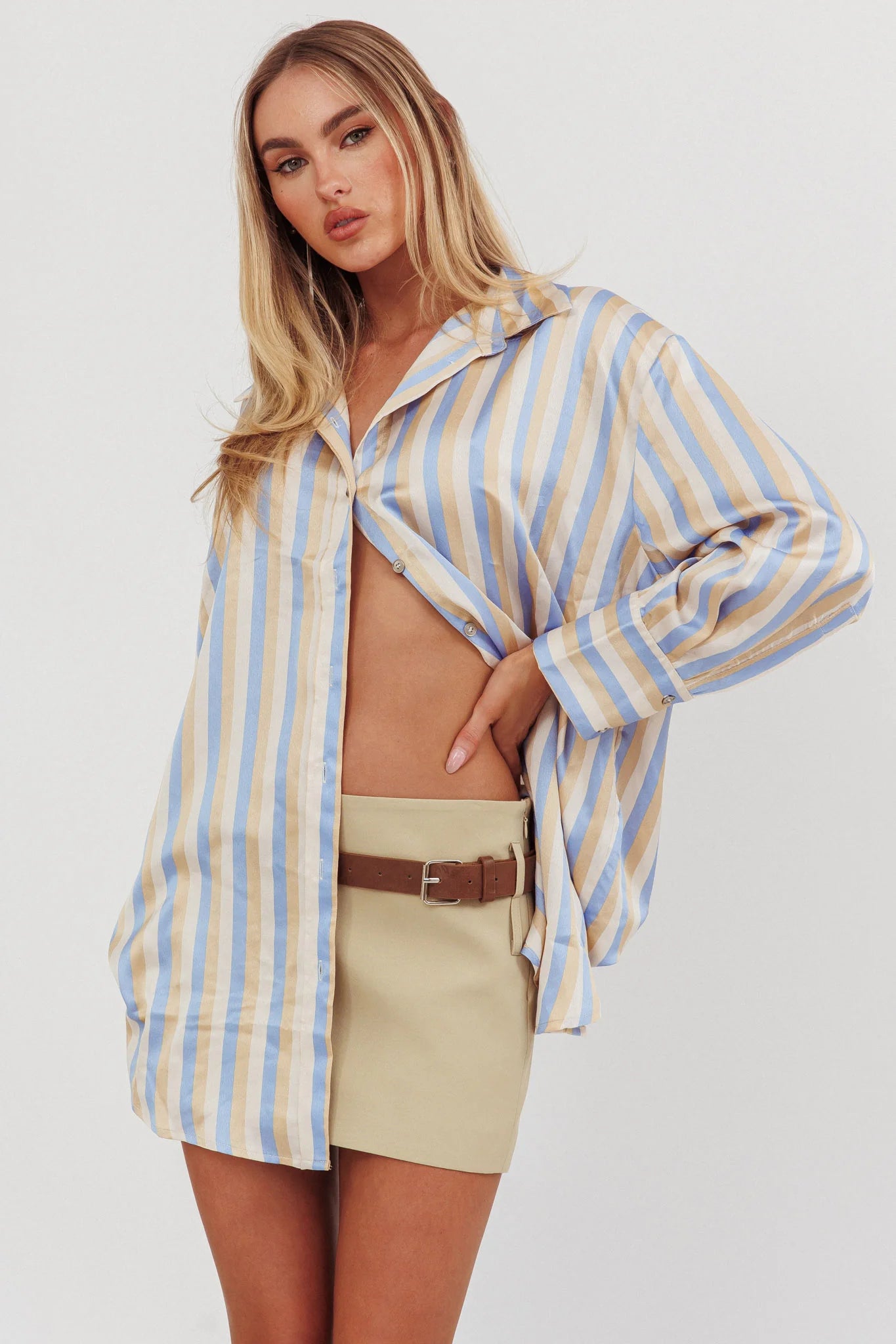 Like The Movies Striped Satin Shirt Light Blue