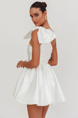 Athens Shoulder Bow Bubble Hem Mini Dress Off White
