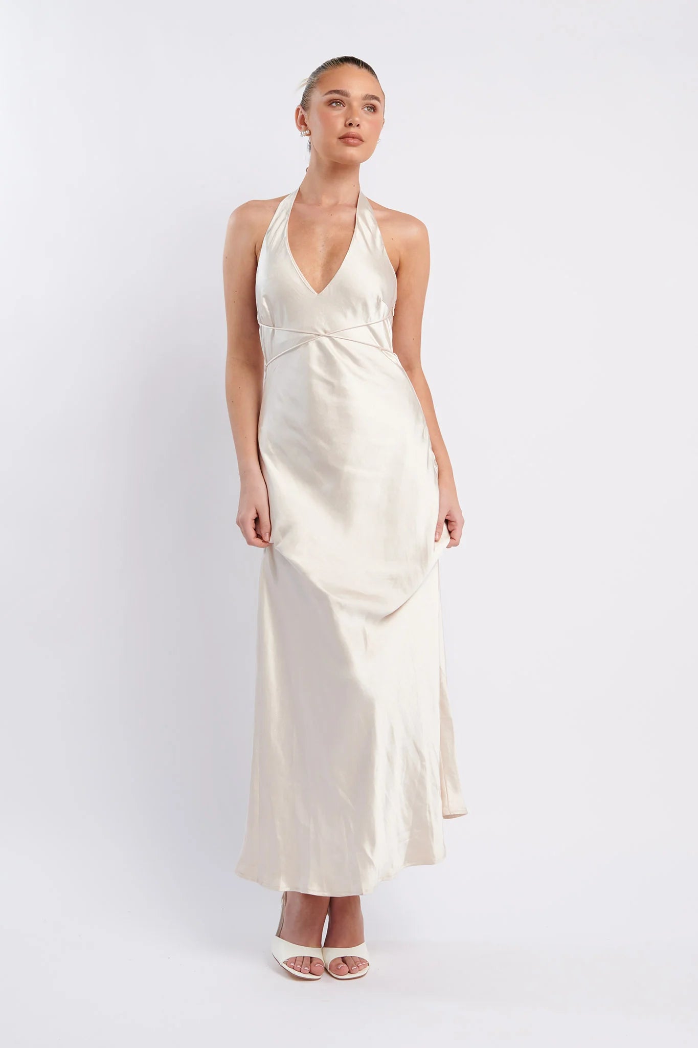 Alenni Halterneck V-Neck Midi Dress Champagne