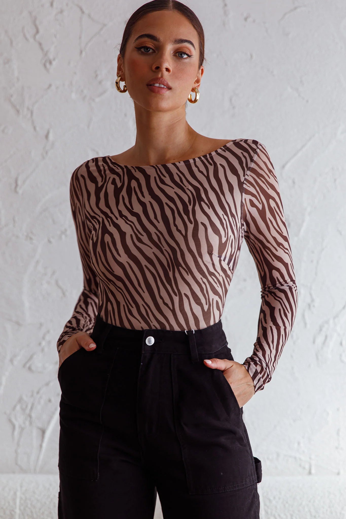 Juni Long Sleeve Low Back Mesh Bodysuit Tiger Print