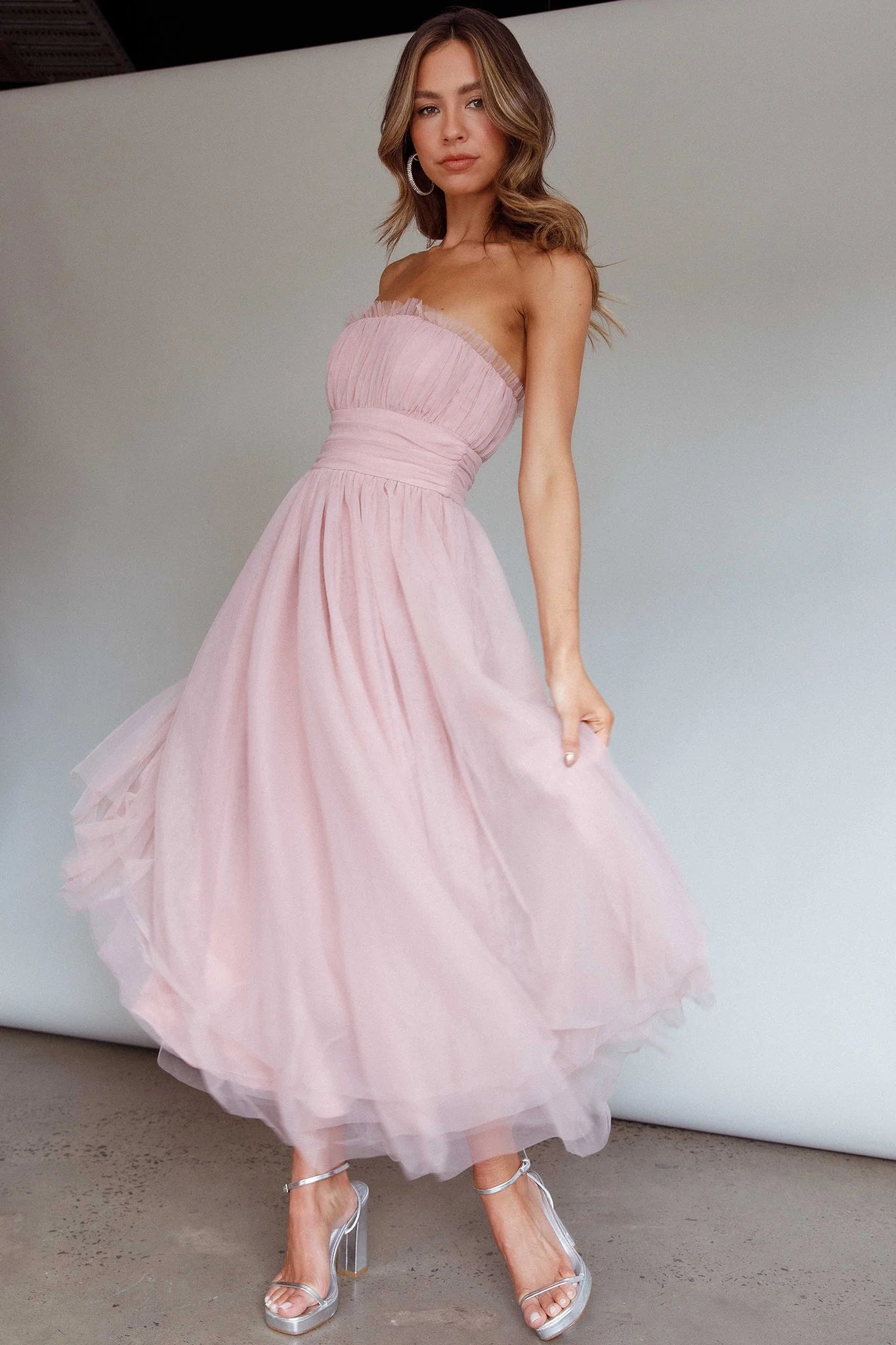 Fayette Strapless Mesh Midi Dress Blush