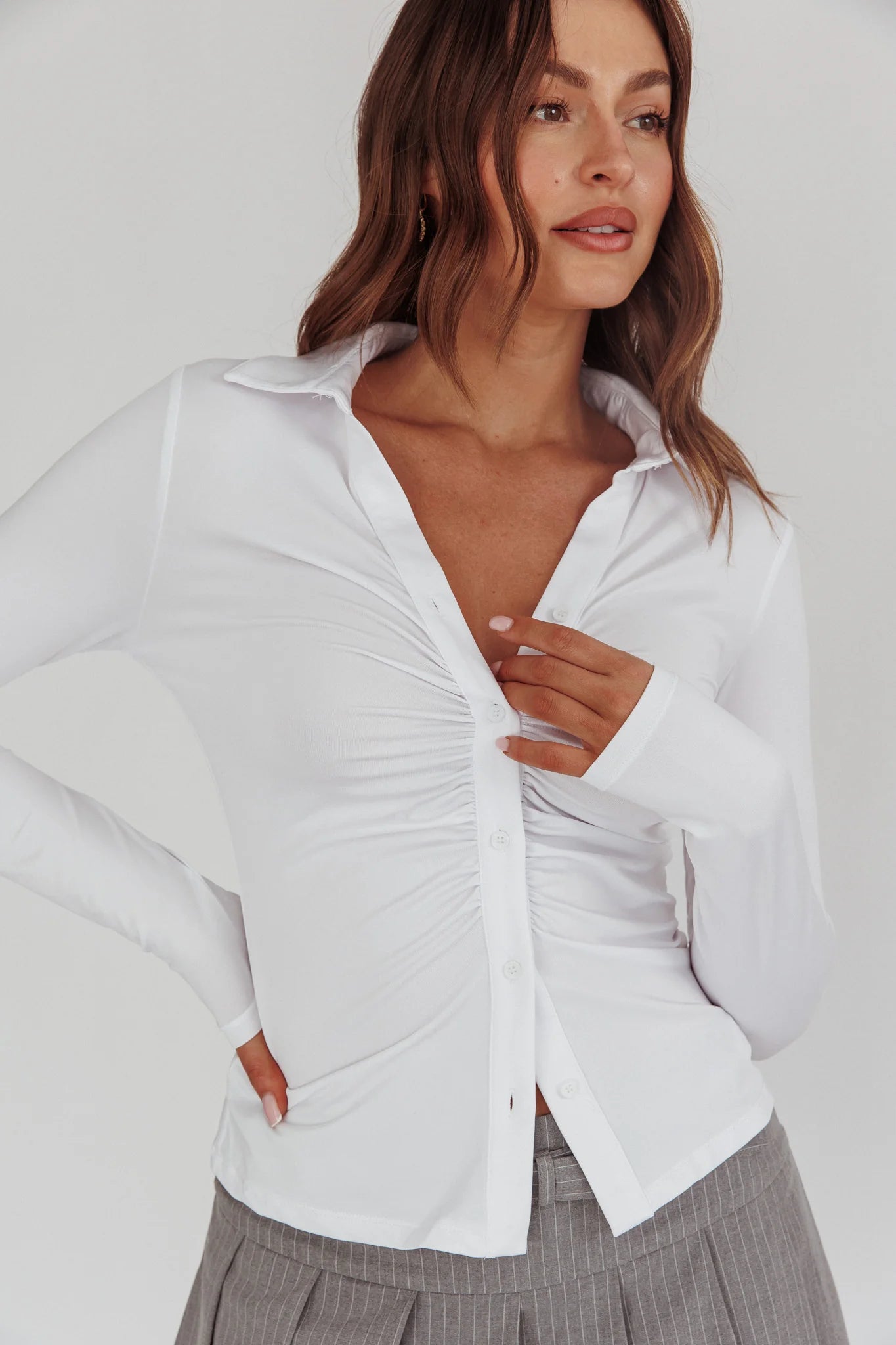 Day Date Button Scrunch Top White