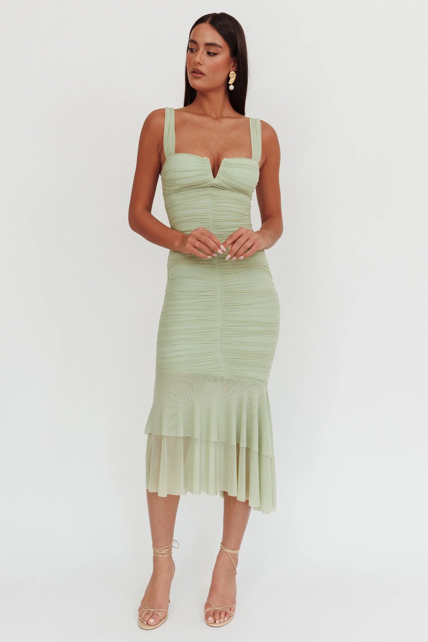 Nadia Ruched Fishtail Maxi Dress Pistachio