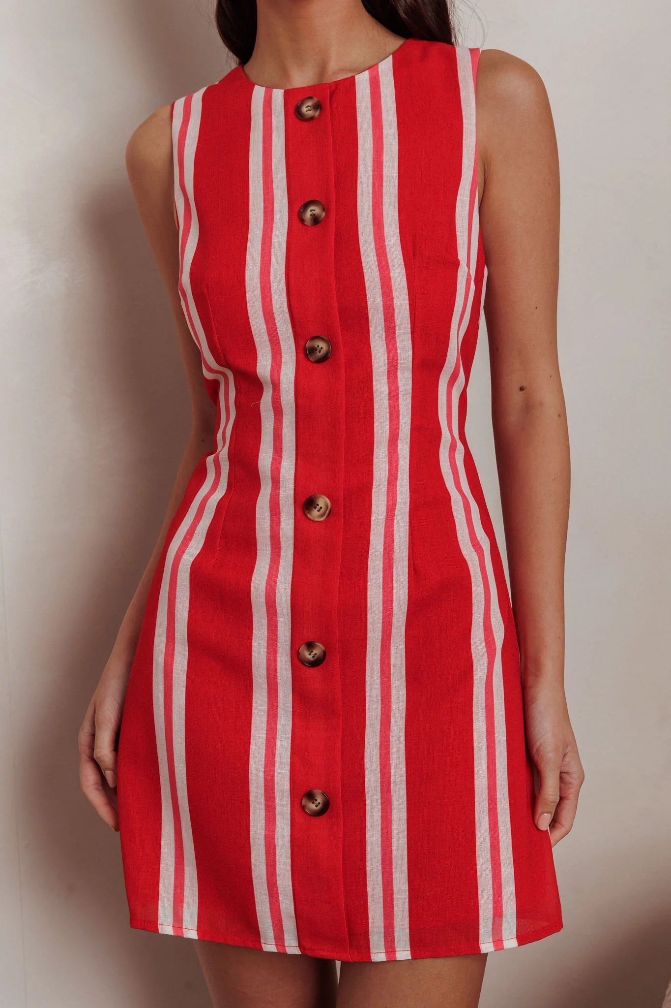Kalena Faux Placket Mini Dress Stripe Red