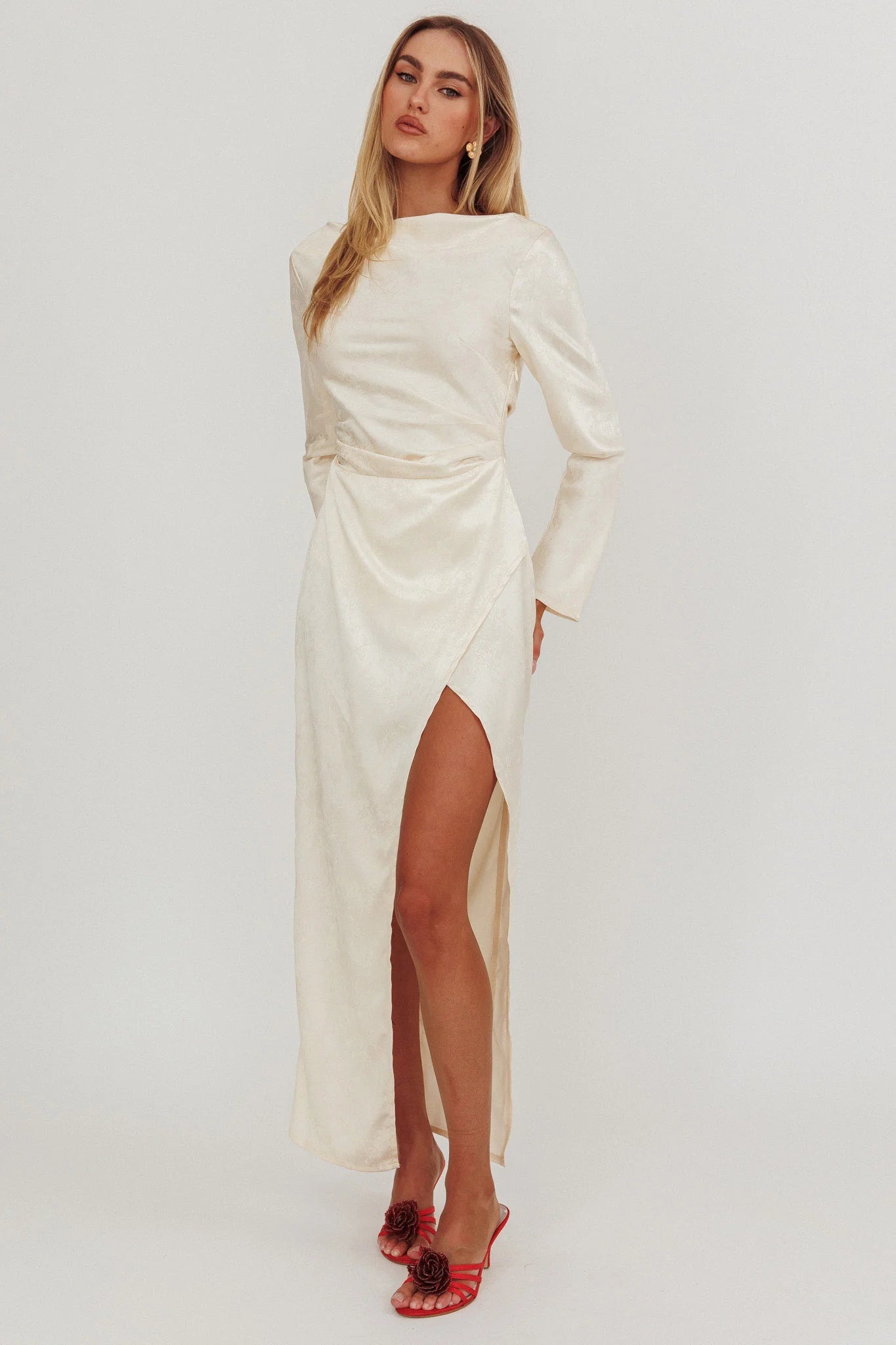Loveland Long Sleeve Cowl Back Maxi Dress Beige